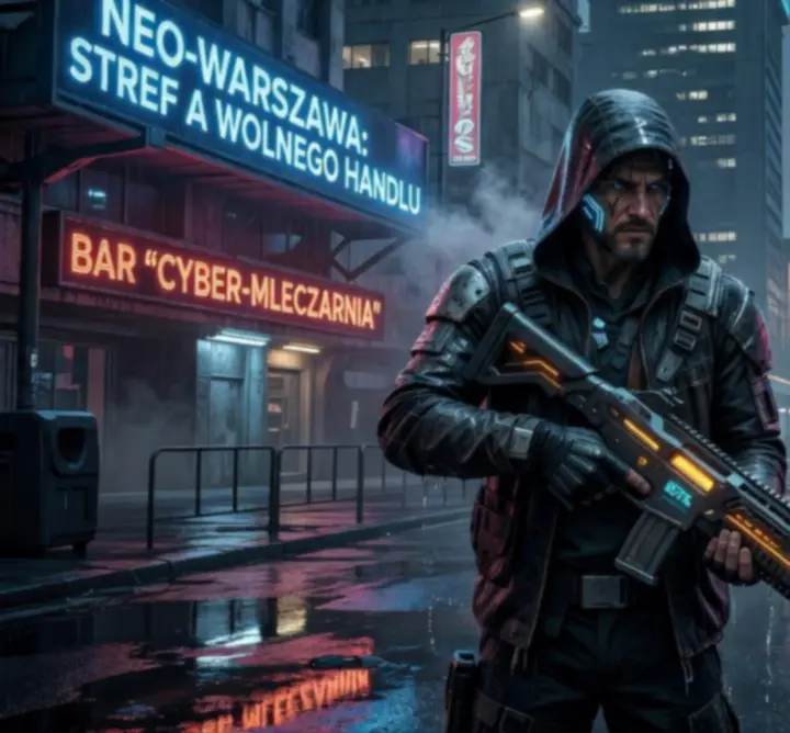 Cyberpunkowa panorama futurystycznego miasta z bohaterem gry