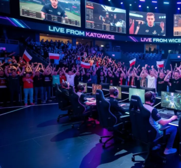 Scena turnieju esportowego z neonowym oświetleniem i dużą publicznością
