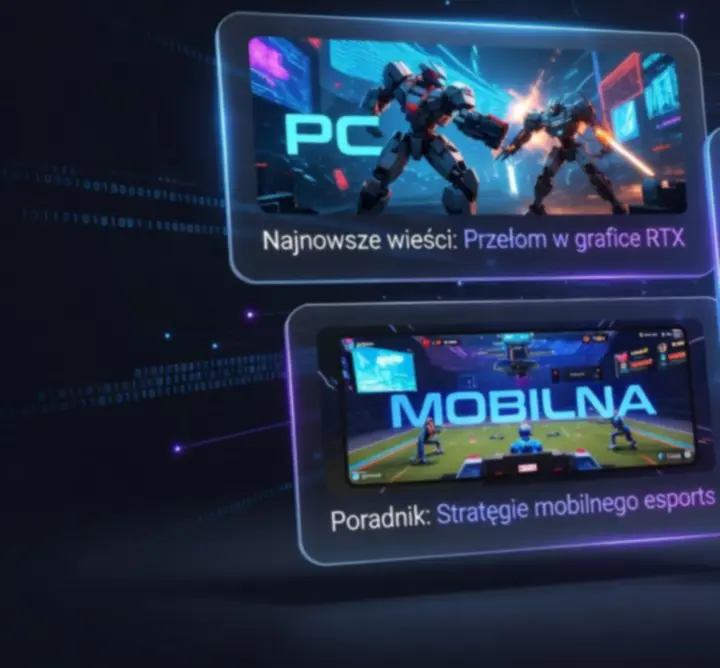 Zestaw trzech wyróżnionych kart artykułów gamingowych w neonowej stylistyce