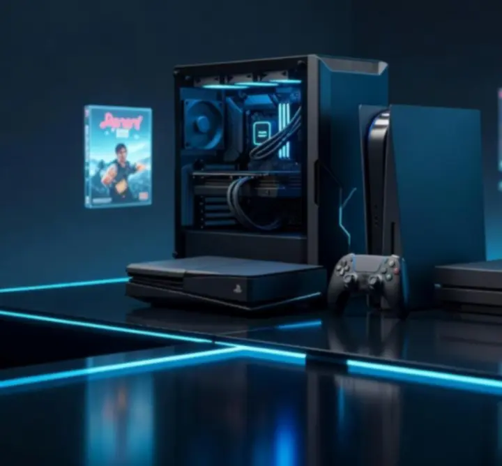 Grafika prezentująca platformy gamingowe: PC, konsole i urządzenia mobilne