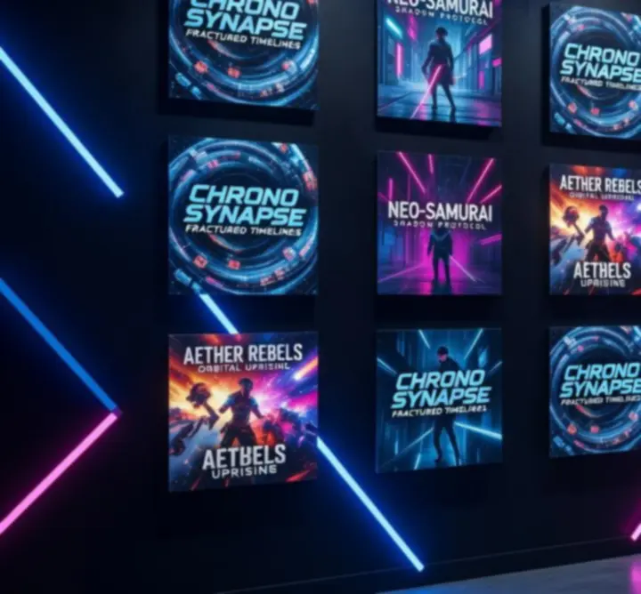 Ściana okładek nowych gier w neonowej stylistyce