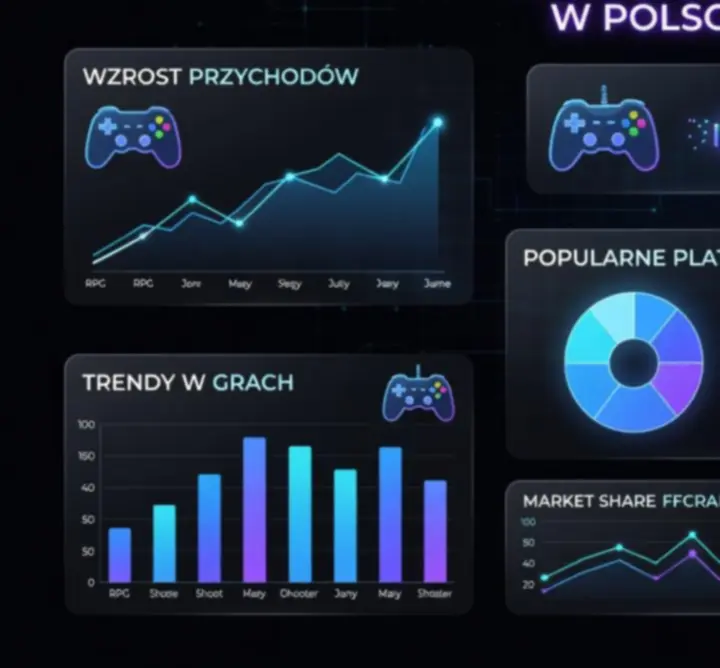 Infografika przedstawiająca trendy na rynku gier i esportu w futurystycznej neonowej stylistyce